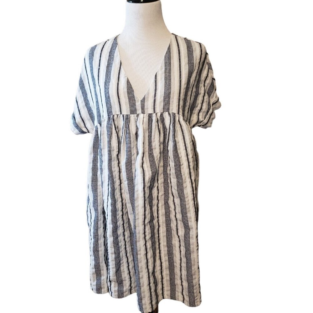 Womens Listicle Blue white stripe Casual Baby Doll dress short sleeve Oversized